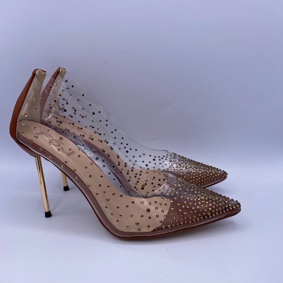FSJ Brown Studded Pointed Toe Transparent Pumps - Picture 5 of 9
